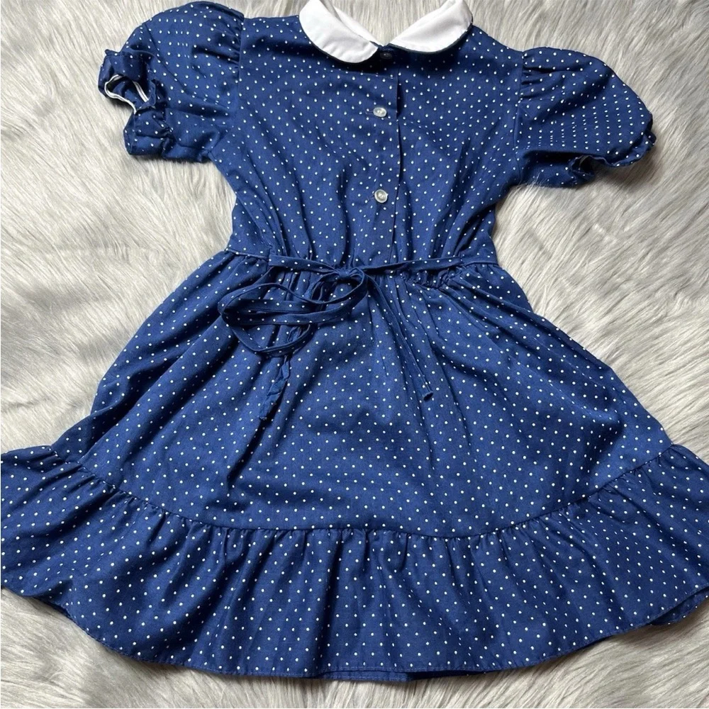 Vintage Winnie The Pooh Brand Toddler Girls Dress Navy White Polka Dot